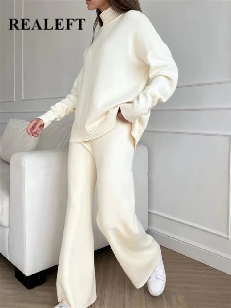 Autumn Winter Women Sets Knitted Tracksuit Turtleneck Sweater and Straight Jogging Pants Suits