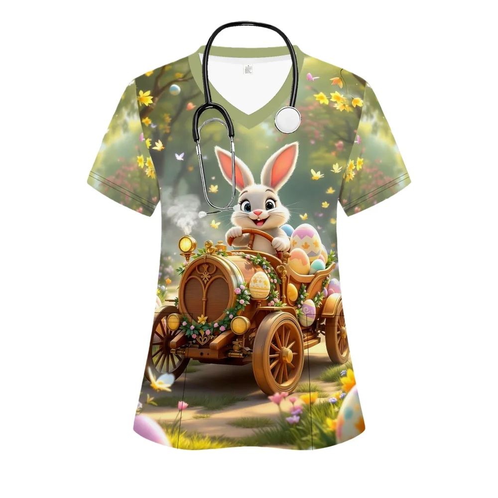 Surgical Uniforms Woman Easter Rabbit Print Veterinarian V-Neck Nurse Summer Fashion with Pockets T-Shirt Clinical Uniform Woman