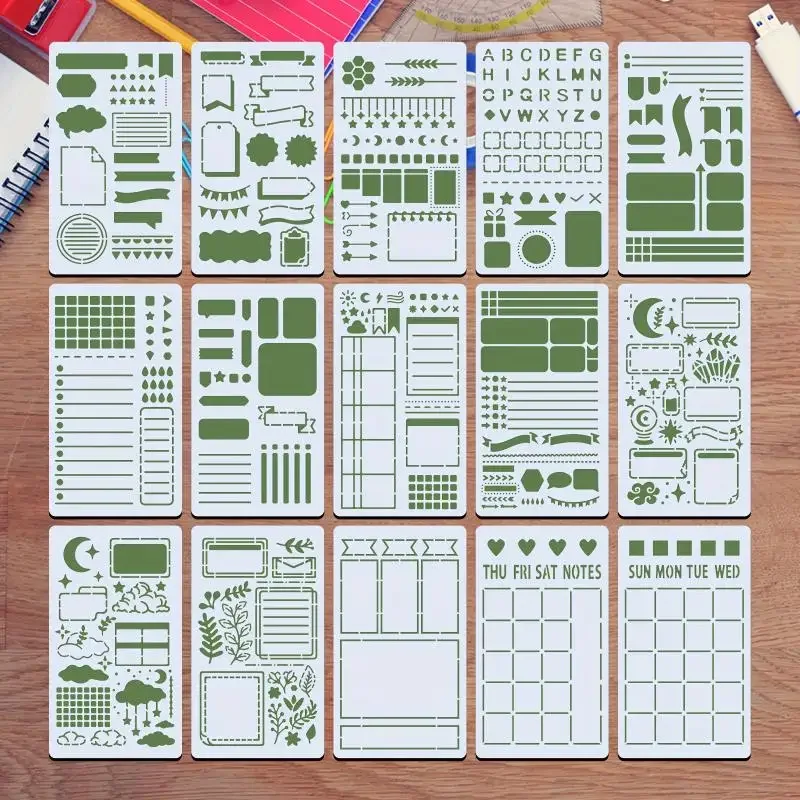 15Pcs 일기 그리기 템플릿 그림 그리기용 재사용 가능한 스텐실 DIY 스크랩북 일기 스크랩북 저널 문구 선물