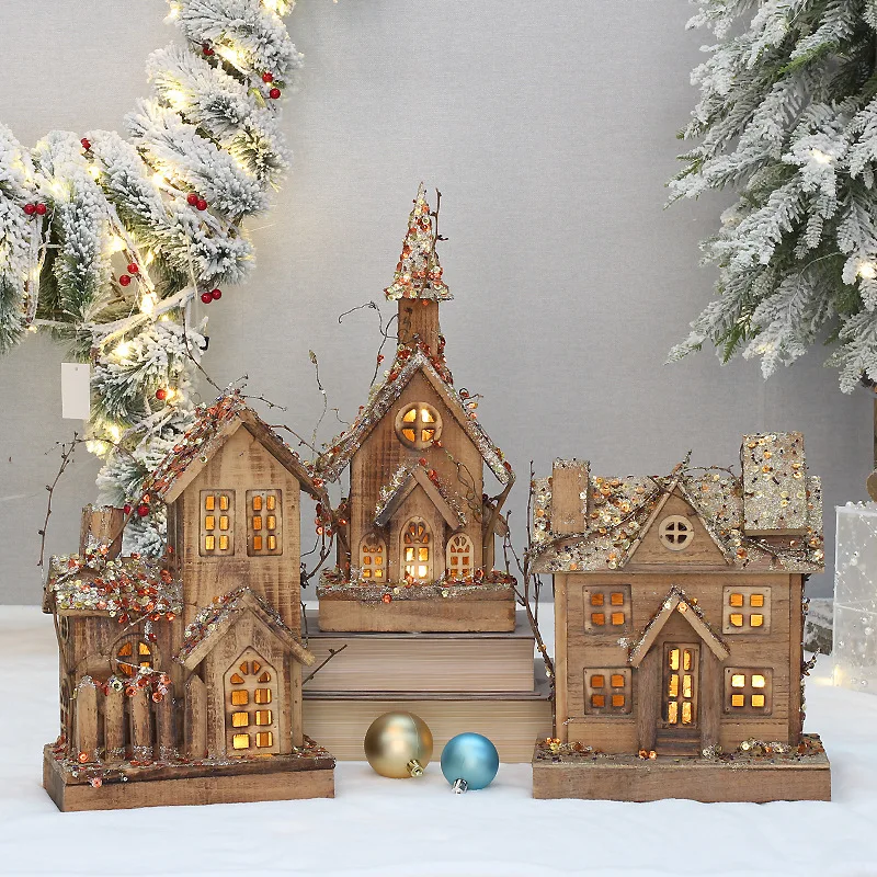 

Christmas Wood wooden luminous cabin Christmas small house snow house decoration decoration props
