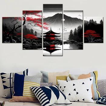 5 pezzi su tela paesaggio nero rosso montagne giapponesi acque decorazioni per la casa immagini stampa per opere d'arte interne da parete del soggiorno