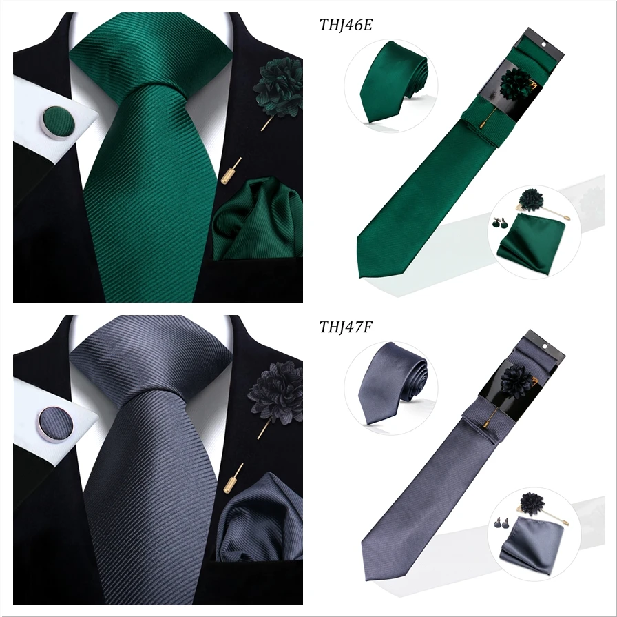 Einfarbiges Krawattenset für Herren, Hochzeitsgeschenk, Krawattenset mit Einstecktuch, Brosche, Manschettenknöpfe, Herren-Accessoires, hochwertige Krawatte – Detail 14