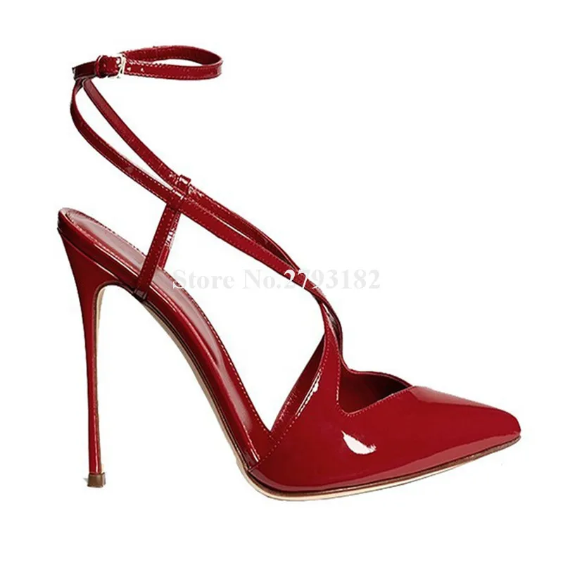 

Red Straps Cross Stiletto Heel Pumps Elegant Pointed Toe Patent Leather Thin Heel Pumps Big Size Ankle Strap High Heels