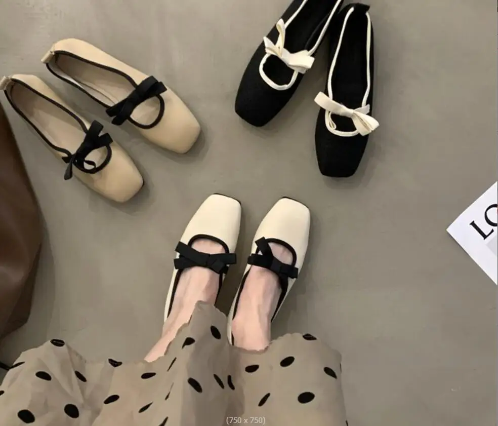 New Spring Autumn New Black Single Shoes Shallow Mouth Slip-on Flats Metal Decoration Flats Bow with square head Women's Shoes