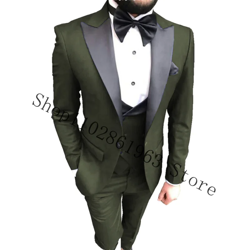 3 Pieces Black Mens Suits Slim Fit Peak Lapel Tuxedos For Wedding Formal Groom Wear Blazer+vest+Pants Costume Homme Mariage