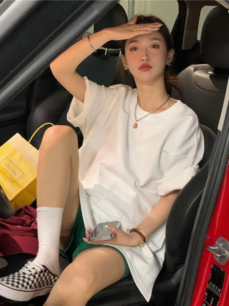 

2022 New Korean Ins Basic Solid Color Loose Casual Medium and Long Short-sleeved T-shirt Ladies y2k top y2k aesthetic