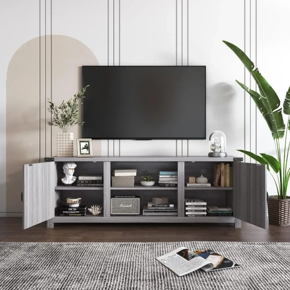 Modern Farmhouse TV Stand with Two Barn Doors and Storage Cabinets for Televisions up to 65 Inch Entertainment Center 2