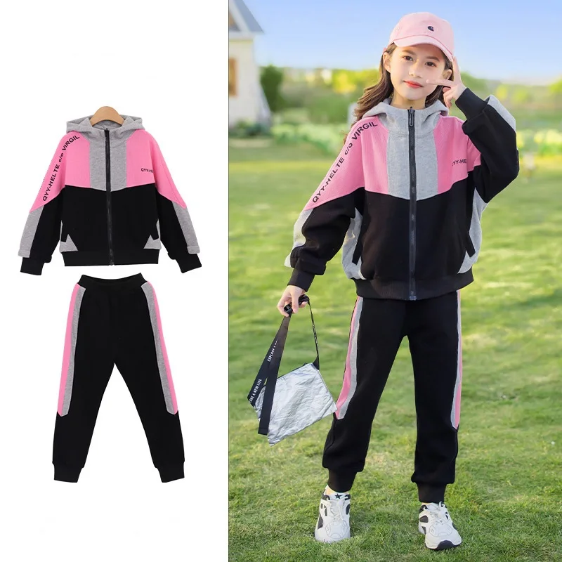 

Spring Autumn Contrast Kids Tracksuit Girls Hoodie+Sweatpant Sets Full Zip Hooded Children 2 Pieces Outfits Jogger Set 3-16Years