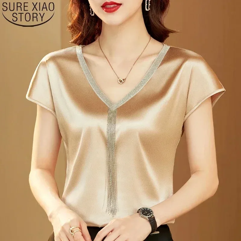 Women's Casual Loose Satin Blouse Short Sleeve Shirt Solid Fashion Tassel V-neck Office Lady Summer Clothes 15494