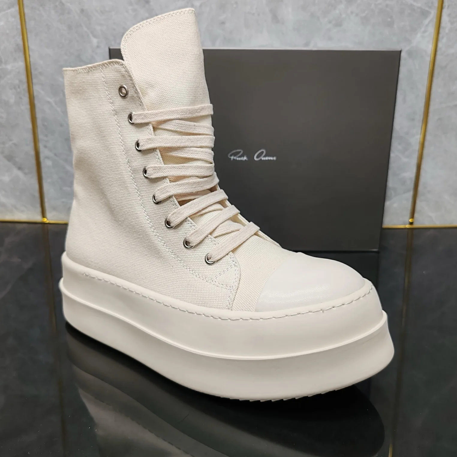 Ricks shoes beige canvas high boots thick and low loose high shoes fashion men's and women's tide men's boots.