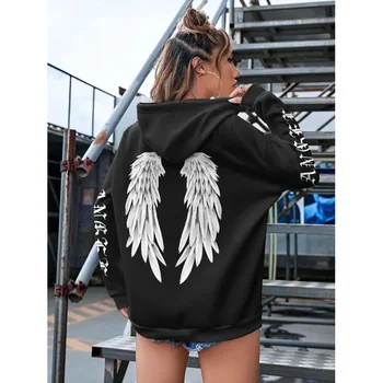 2025 هوديي نسائي مطبوع عليه أجنحة الملاك؛ هوديي مريح كاجوال عصري؛ ملابس كلاسيكية فضفاضة ذات الطراز الأساسي 2