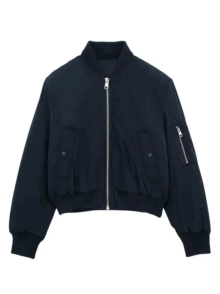 

HH TRAF 2023 Autumn Bomber Jacket For Women Fashion New Long Sleeve Loose Cropped Coat Female Wild Streetwear Women's Jackets