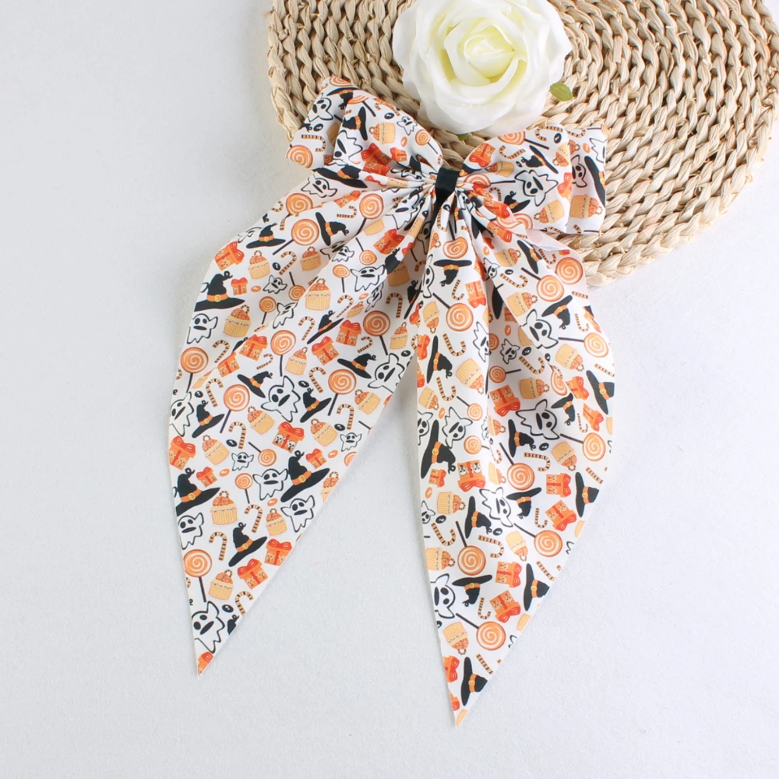 1PC Cute Halloween  Themed Bow Hair Clip Adorable Pumpkin & Ghost Patterns, Large Satin Bow for Girls, Perfect Festive Accessory