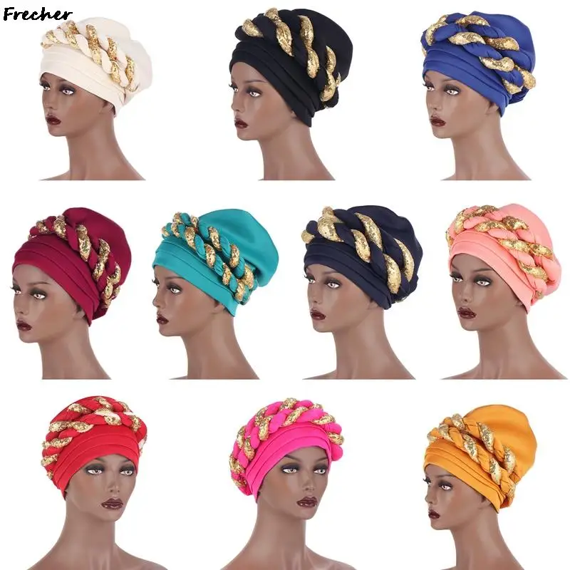 

African Hats Headtie Women Sequin Braid Hat Arab Wrap Muslim Scarf Hijabs Pleated Beanies Headwrap Hair Cover Wedding Turban