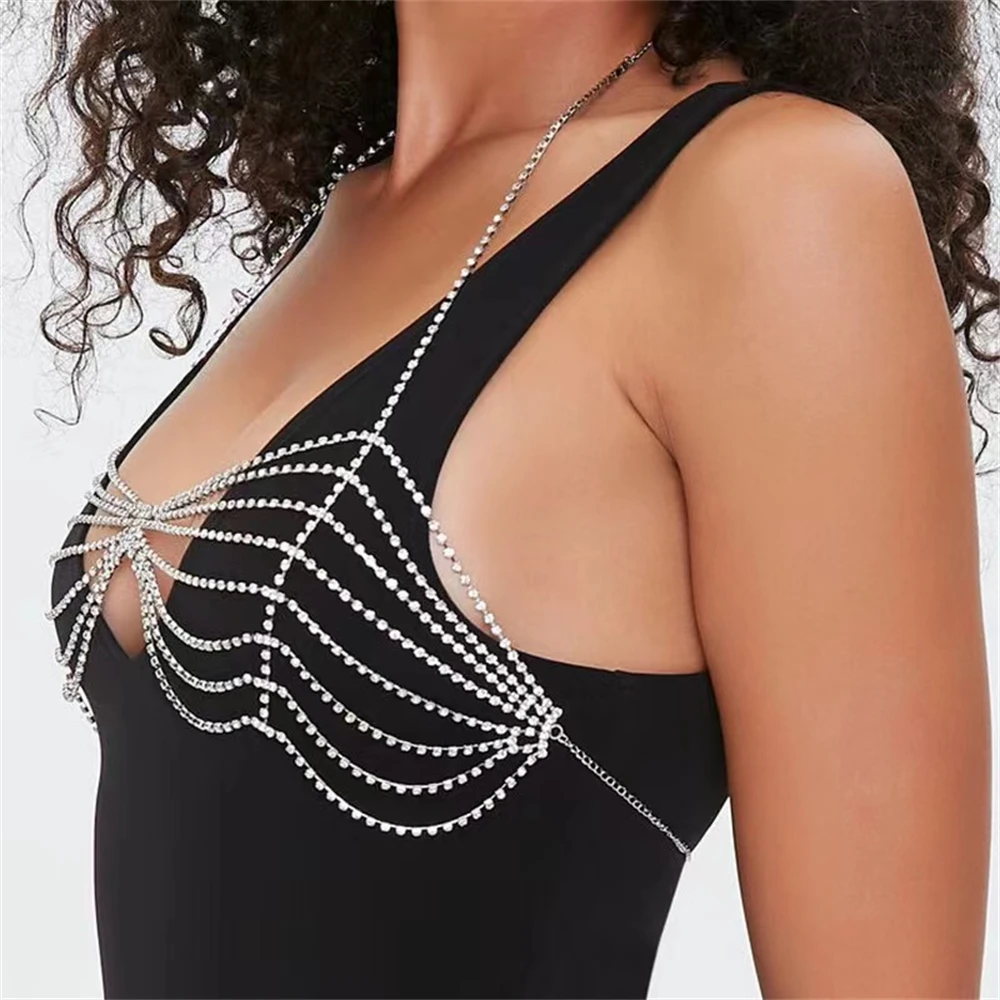 Fashion Shiny Rhinestone Multi row Tassel Body Chain Women Sexy Bikini Accessories Bra Hollow out Crystal Body Chain Jewelry