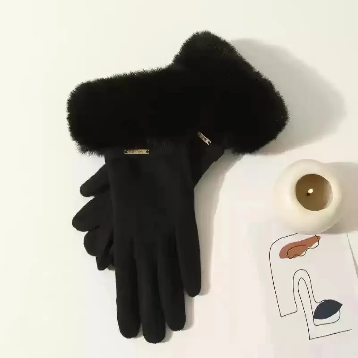 Winter Women Keep Warm Plus Velvet Touch Screen Thicken Plush Wrist Suede Gloves 3