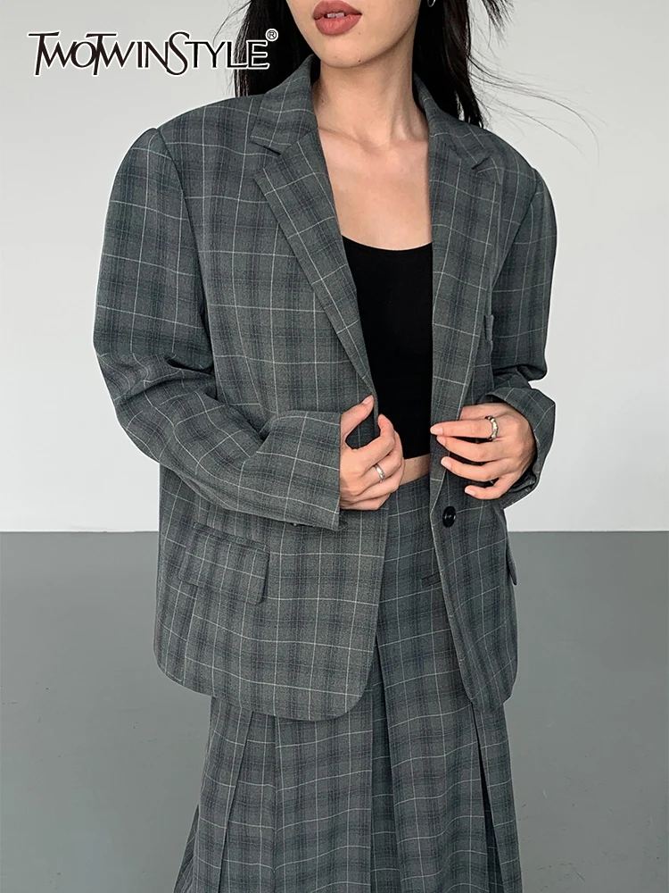 

TWOTWINSTYLE Colorblock Plaid Patchwork Pocket Blazer For Women Notched Collar Long Sleeve Spliced Button Casual Blazers Female