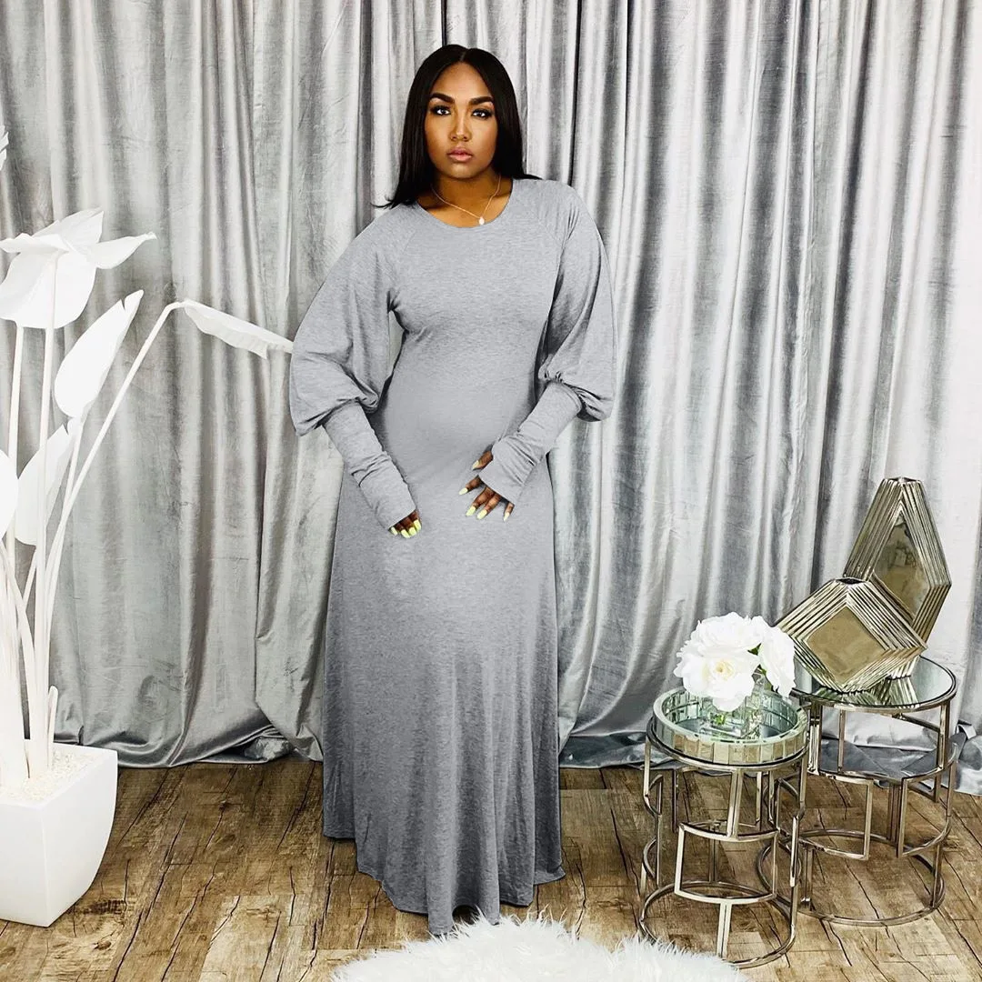 

Plus Size Women Elegant Dress Solid Puff Sleeve Party Dress 2022 Fall Casual Evening Robe Female Luxury Designer Wholesale Cloth