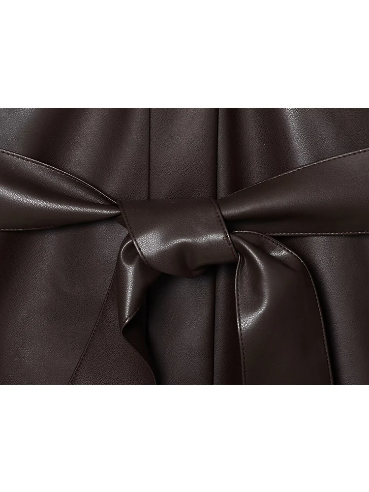 Vintage Women Pu Faux Leather Jacket With Belt Street Fashion Turn Down Collar Long Sleeve Pockets Coat Autumn Ladies Outerwear