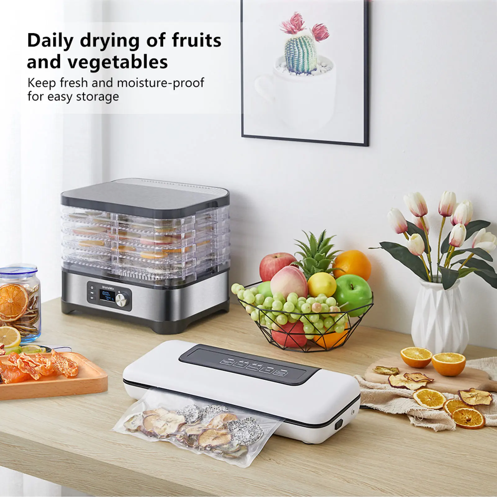 Food Drying Machine 5 Tray Food Dehydrator Stainless Steel Adjustable Temperature Settings EU Plug 220V BPA for Home for 4