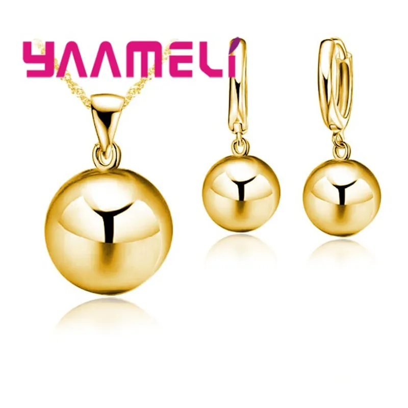 Jewelry Sets for Wedding Engagement 925 Silver Color 12MM Smooth Ball Round Metal Stone Necklaces Earrings Anniversary Gift - 4