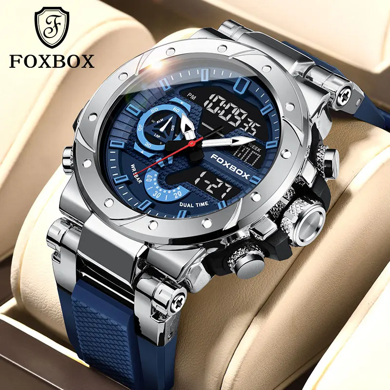 Top Brand FOXBOX Men LCD Digital Display Quartz Wristwatch Silicone Strap Waterproof Man Clock sports Fashion Male Watches 2024