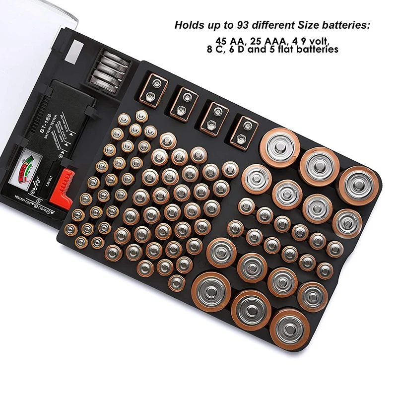 Battery Organizer Case with Clear Hinged Cover and Built-In Tester - Holds 93 Assorted Batteries