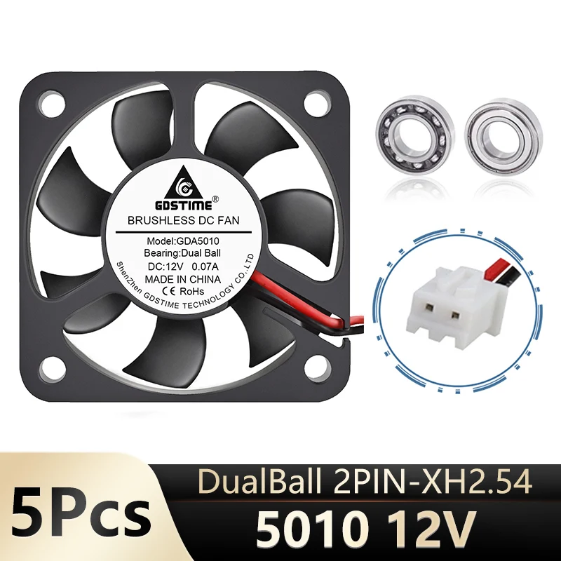 

5Pcs Gdstime 50x50x10mm 5010 5cm 50mm 12V DC Cooling Brushless Dual Ball Bearing 2Pin Cooler Case Fan