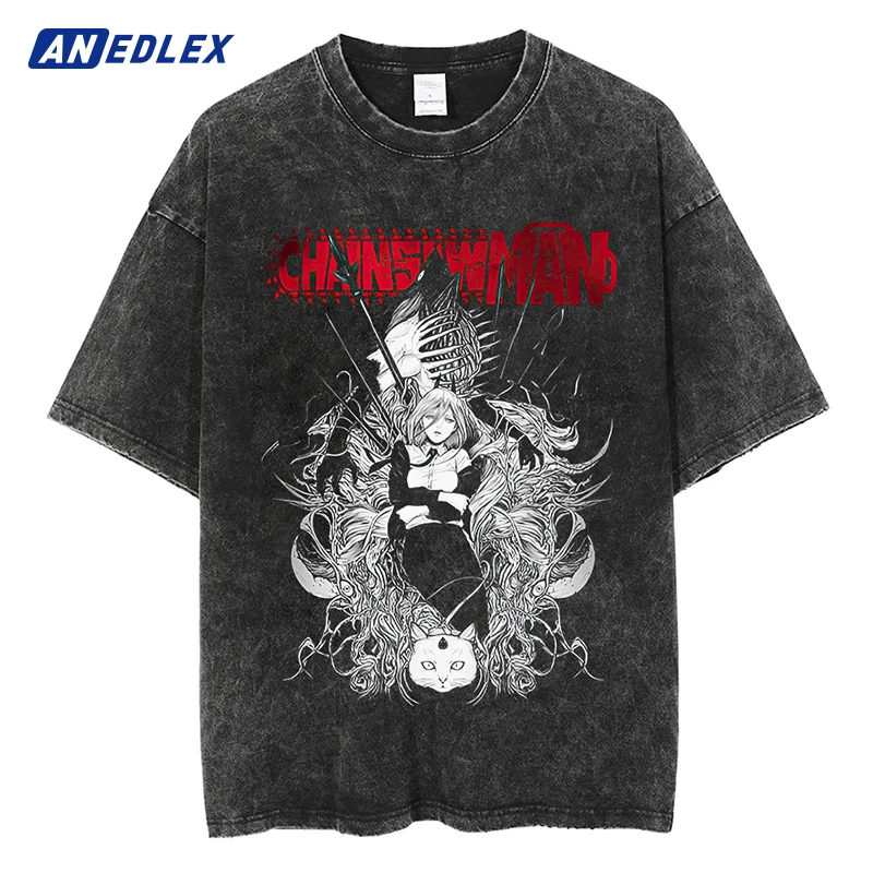 

Fashion Streetwear Unisex Vintage Washed Black Tshirt Chainsaw Man Anime Graphic Print T-shirt Harajuku Oversize Cotton Tees