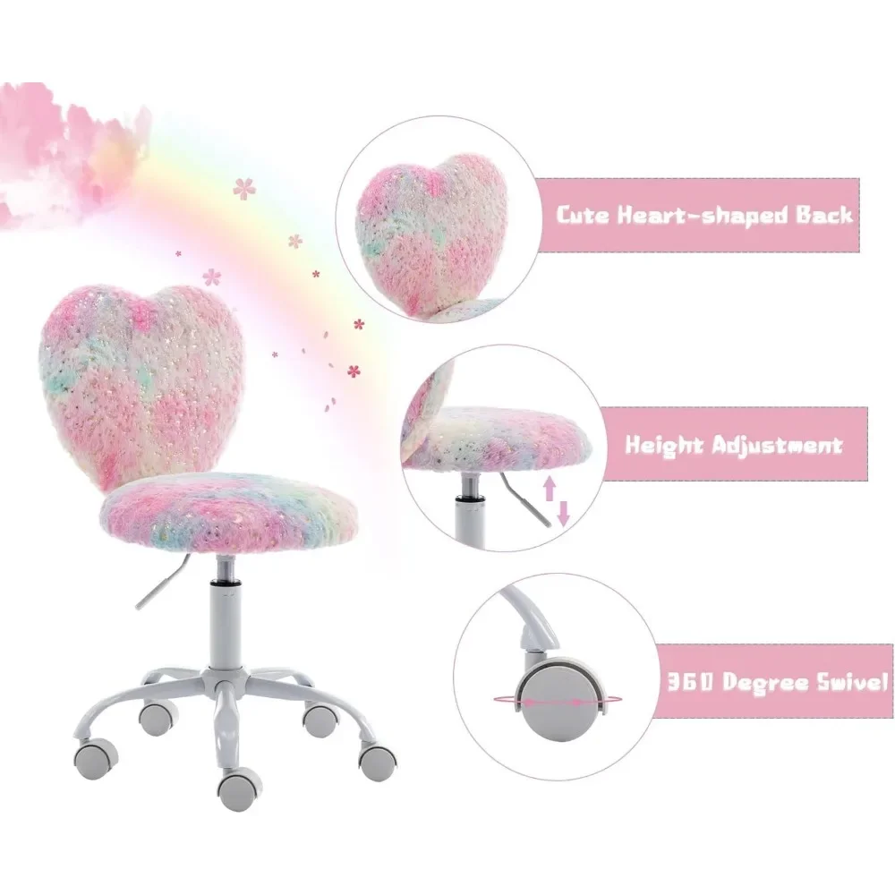 Desk Chair Faux Fur Study Chair for Teenage Girls, Adjustable Heart Shaped Kids Vanity Chair for Bedroom Reading Living Room 5