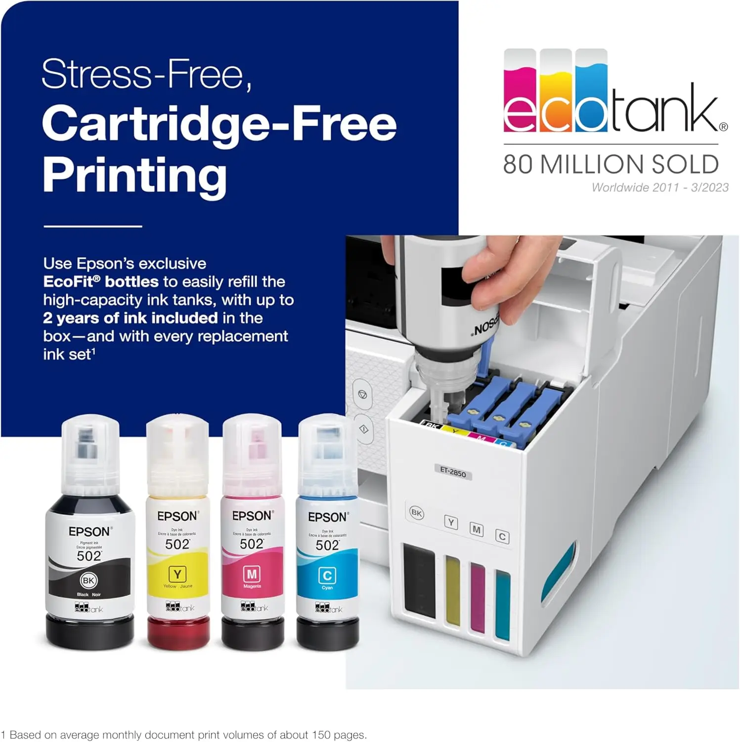 EcoTank ET-2850 Wireless Color All-in-One Cartridge-Free Supertank Printer , Copy and Auto 2-Sided Printing - White, Medium 3
