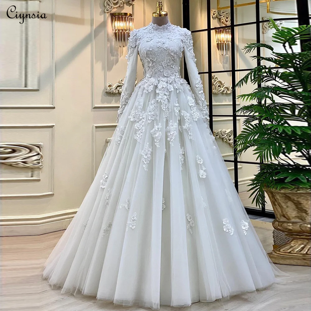 

Ciynsia Princess 3D Flowers A-Line Wedding Dresses For Women 2024 Bride Long Sleeve A-Line Muslim Bridal Dress Vestidos De Novia