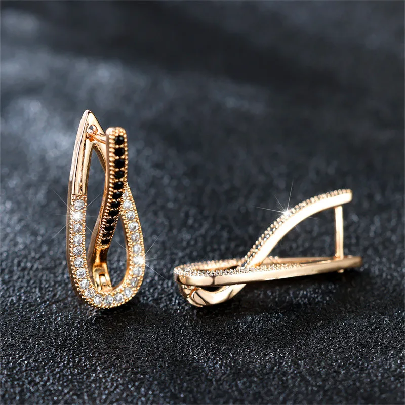 Cute Female White Stone Earrings Charm Gold Color Clip Earrings For Women Crystal Black Zircon Wedding Jewelry