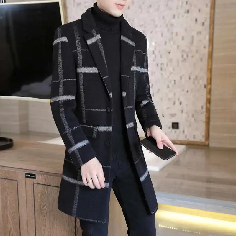 Grid Print Medium Length Thick Warm Versatile Jacket 2024 Winter Jacket Men Woolen Clothe Windbreaker Slim Abrigo Largo Hombre 4
