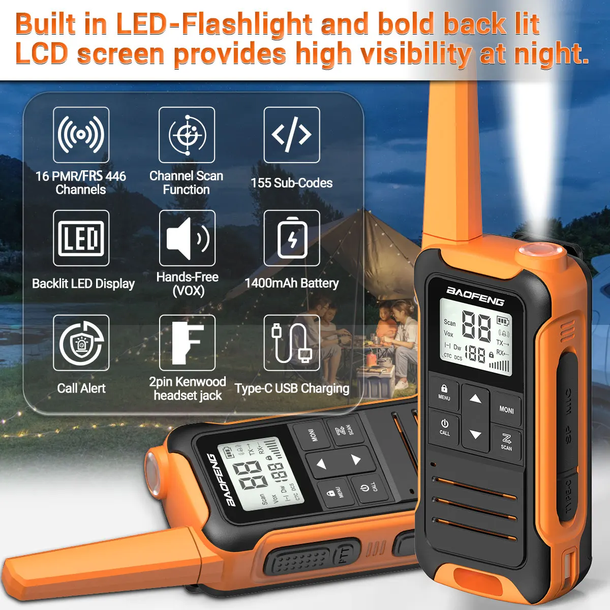 2PCS Baofeng F22 Walkie Talkie PMR FRS Long Range Mini Rechargable Type-C Charger Portable Two Way Radio For Hiking 2