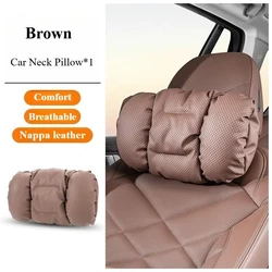 Premium Napa Leather Car Neck and Lumbar Support Cushion Set (Brown Headrest)