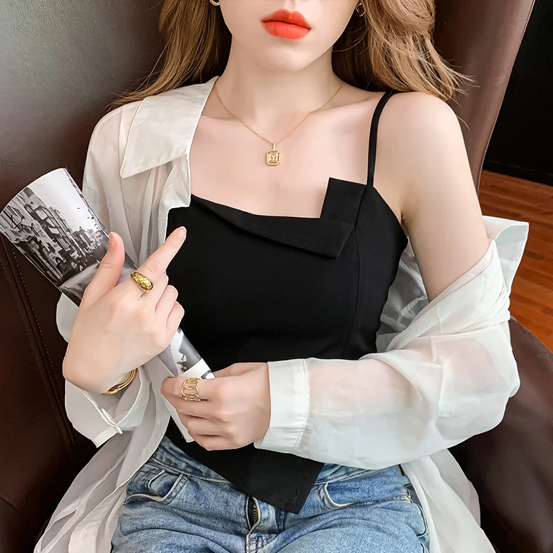 

New Style Irregular Black Camisole Women Wear Sexy Suits Commuter Tops
