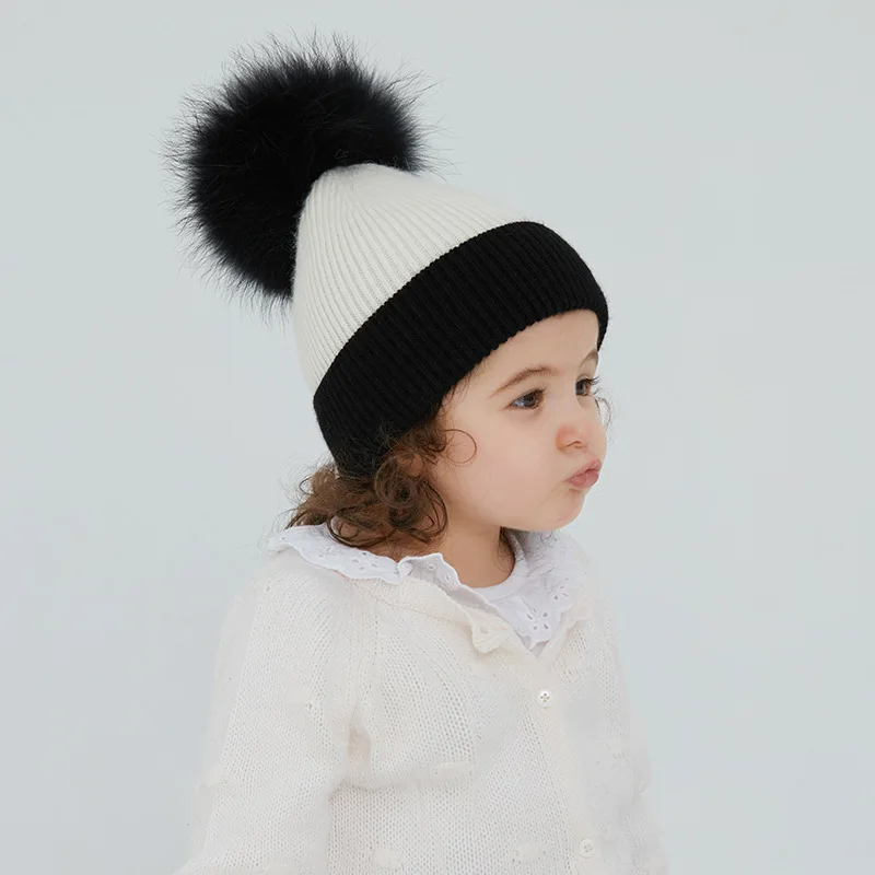 children's-hat-winter-children's-baby-rabbit-fleece-fine-stripe-contrast-color-fur-ball-hat-raccoon-dog-fur-ball-fur-hat