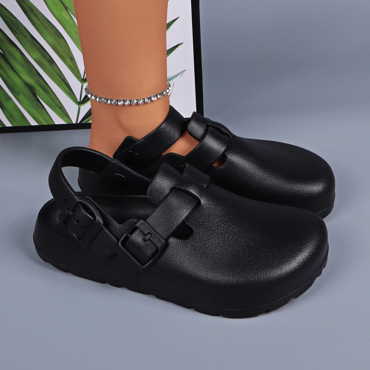 Women Platform Heels Buckle Mules Waterproof Lightweight Chef Shoes Image 2