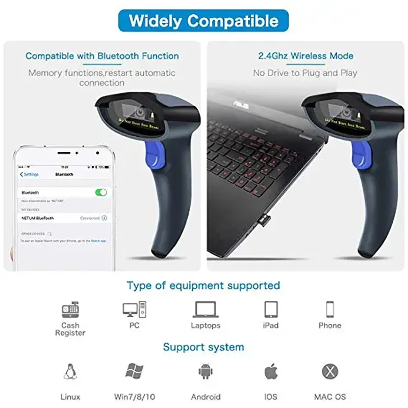 NETUM W8-X Bluetooth Wireless 2D QR Barcode Scanner & W6 2.4G Wireless CCD Bar code Reader for Mobile Payment Computer Screen barcode scanner