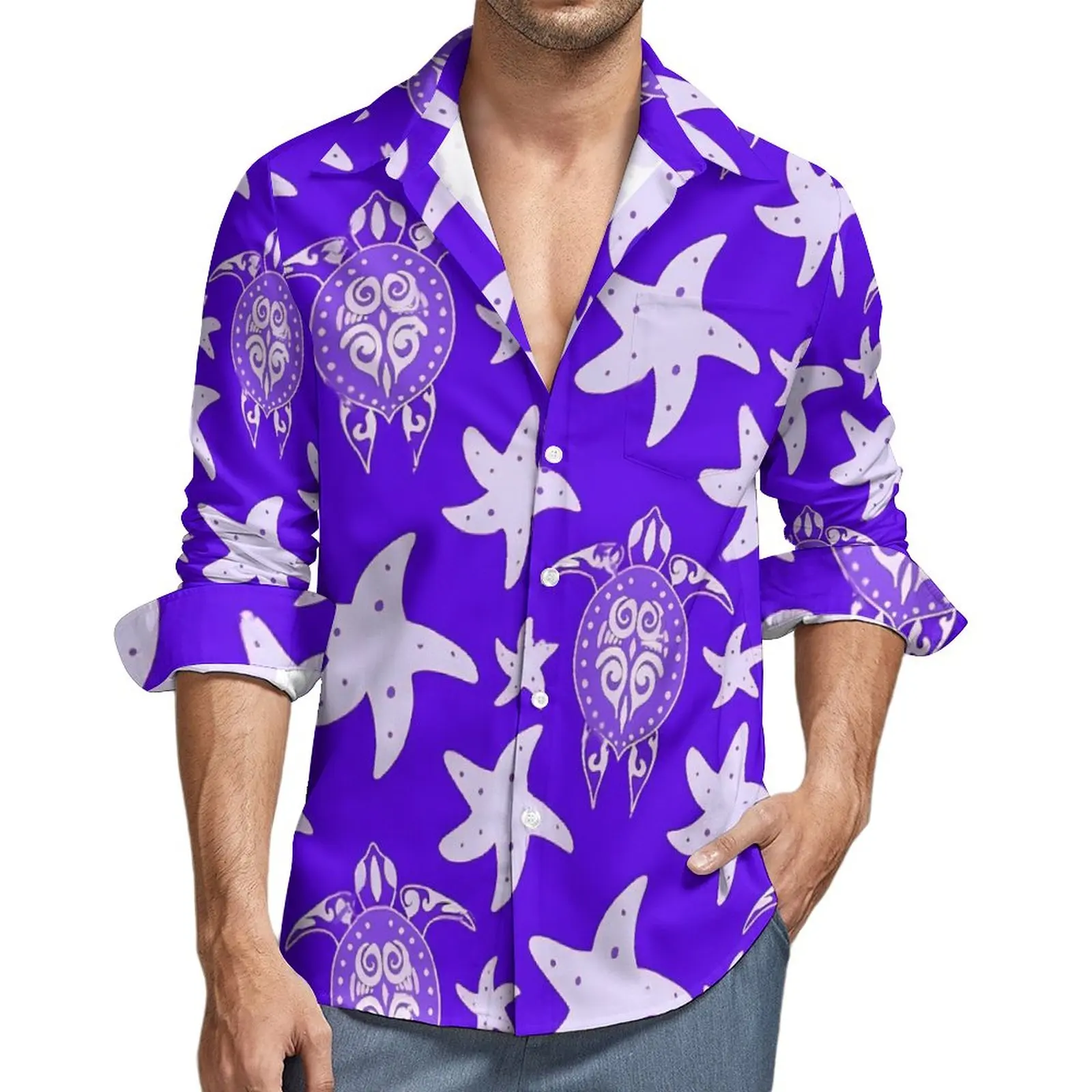 

Мужская Повседневная рубашка с длинным рукавом и принтом черепашек