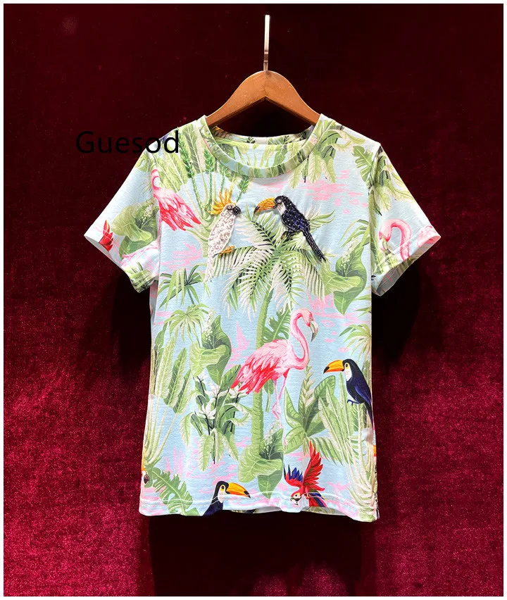 

Women Cotton T-Shirt Designer Print Handmade O-Neck Short Sleeve Tee Female Summer 2023 Slim All Match Fashion Beading Bird New
