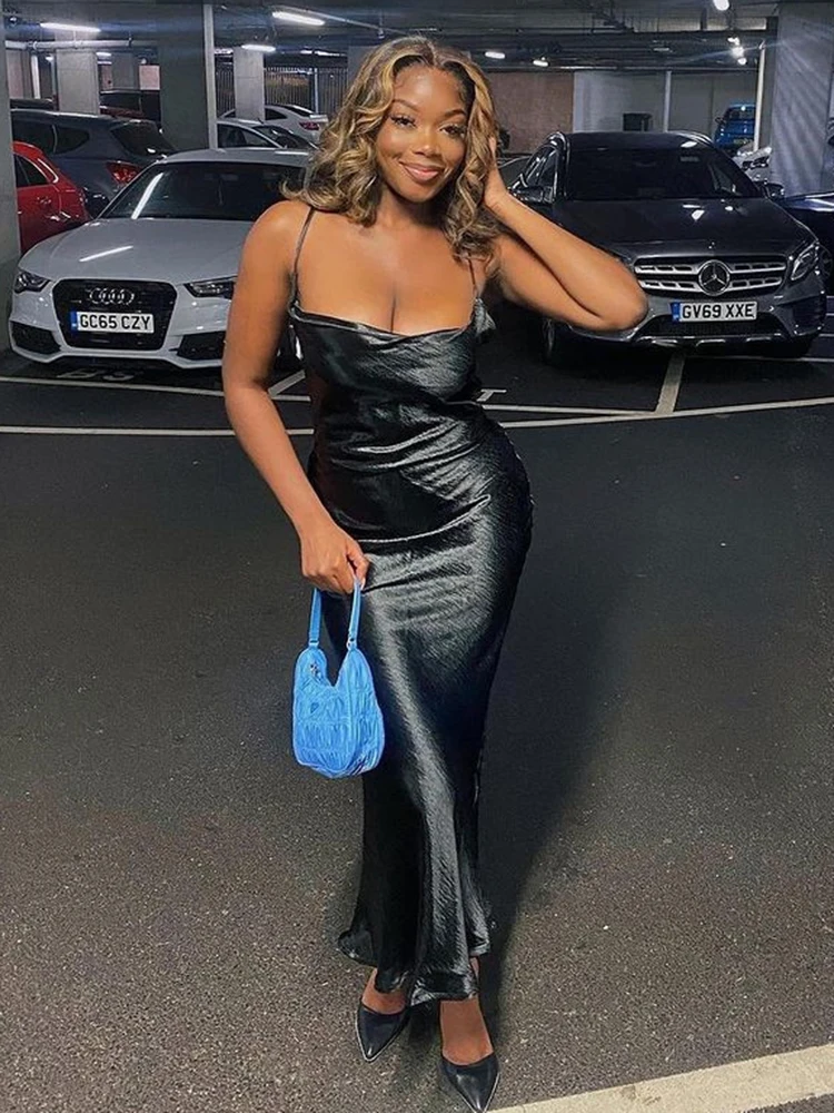Sibybo Sexy Spaghetti Strap Backless Satin Dress Women Y2K Blue Lace Up Trumpet Long Dress Elegant Bodycon Party Dresses 2022