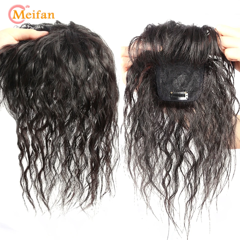 MEIFAN Synthetic Topper Closure Hairpieces with Bangs Clip on the Top of Head Hair Extension to Cover the White Hair Hairpiece synthetic bangs