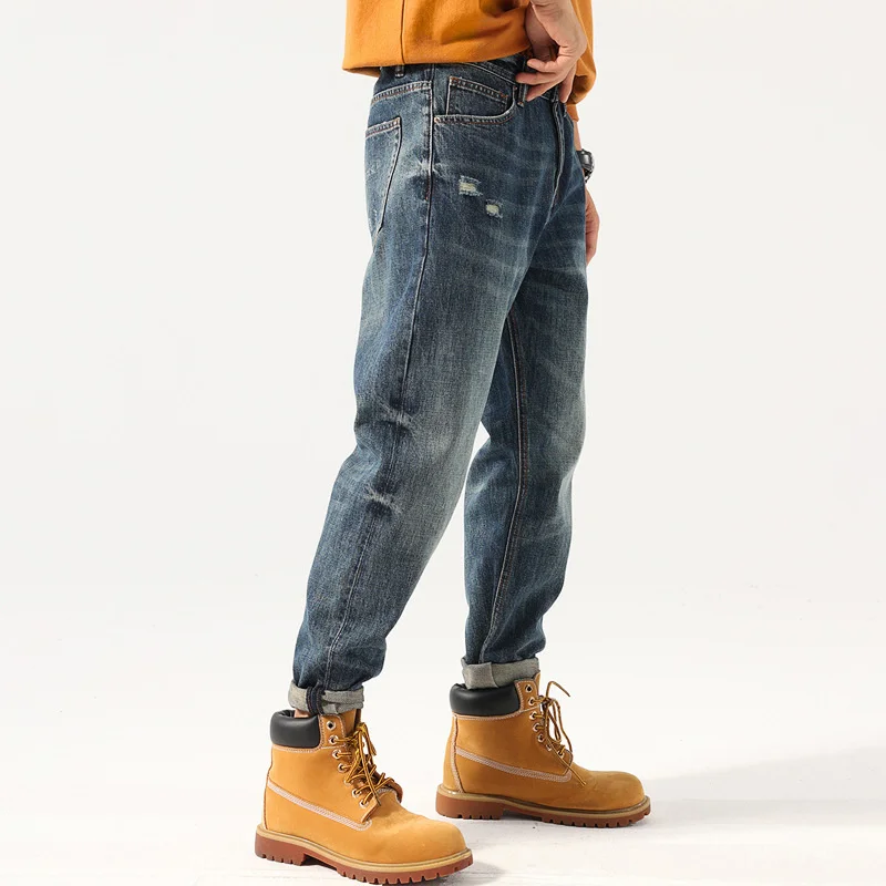 

High Quality Fall Denim Pants Men Safari Style Vintage Straight Jeans Trousers Hole Ripped American Casual Daddy
