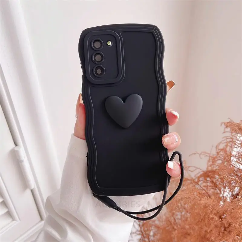Love Heart Wavy Wrist Strap Silicone Phone Case with Lanyard Cover