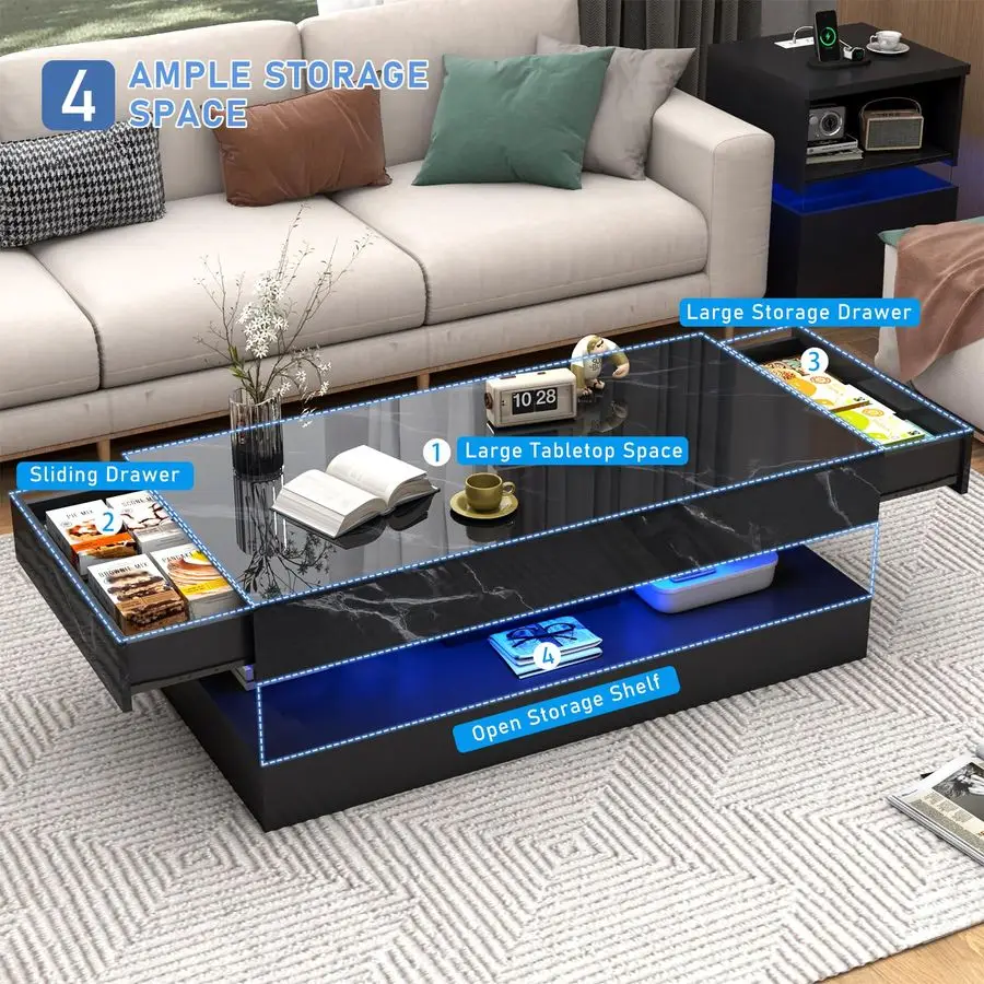 Large HighGlossy LED Coffee Table with 2 Sliding Drawers, Living Room Storage Coffee Tables with Marbling Print, Modern Stylish