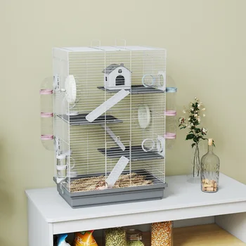 Gabbia per Criceti Pawhut, 47X30X70 Cm, Casetta per Piccoli Animali con Tunnel, Piattaforme, Ciotola, Abbeveratoio, Casa, Rampe e Ruota per Esercizi, per Criceti Nani, Gerbilli, Grigio