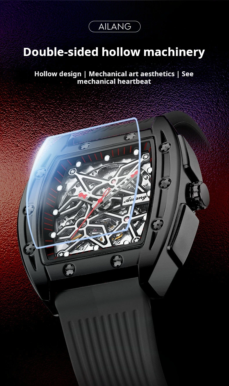 AILANG Brandneue Herrenuhr mit hohler mechanischer Uhr, modisches Lederarmband, wasserdicht, Skelett-Automatikuhr, Herren-Sportuhr_voghion.com