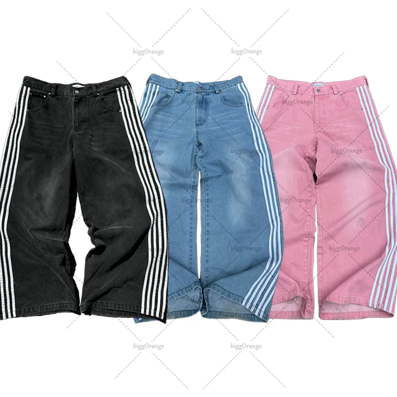 Men Jeans Ripped Jeans White Jeans New American Street Personality Hip-hop Harajuku Clothing Classic Striped Jeans Fashion Casual Versatile Straight Wide-leg Pants